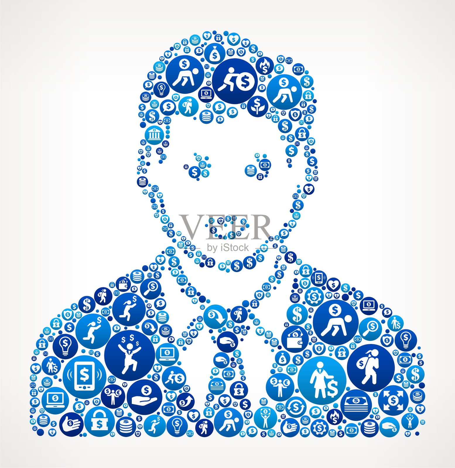 男子面部肖像与蓝色货币图案背景插画图片素材