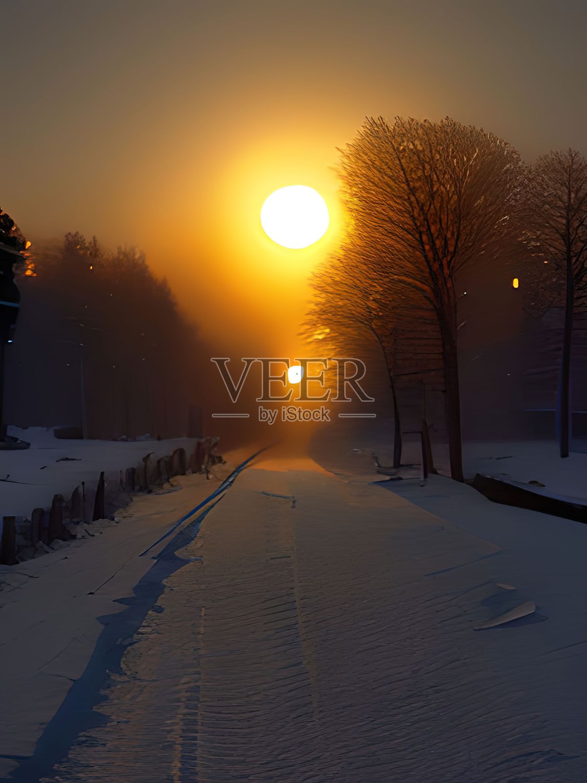 夕阳西下,风中飘着雪花照片摄影图片