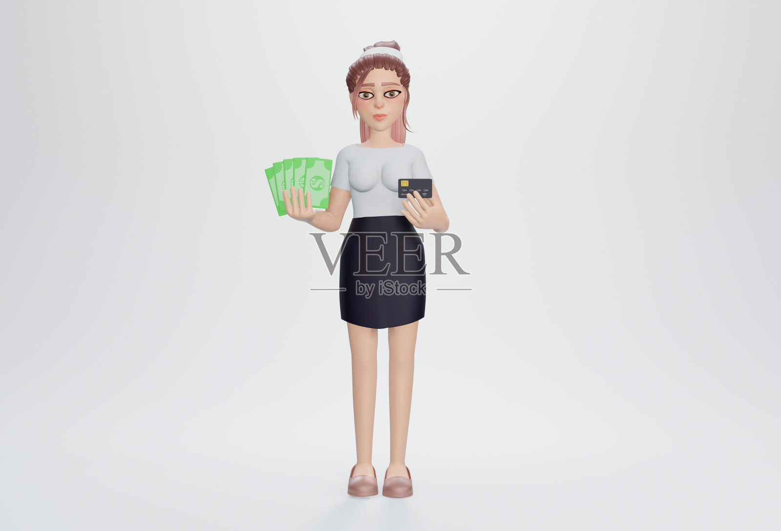 3 d渲染。商业金融和就业企业家和金钱概念成功高兴的女商人赚取现金微笑满意地展示美元和信用卡照片摄影图片