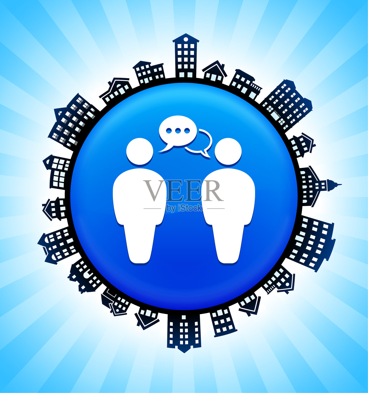 在乡村城市天际线背景上交流的人们插画图片素材