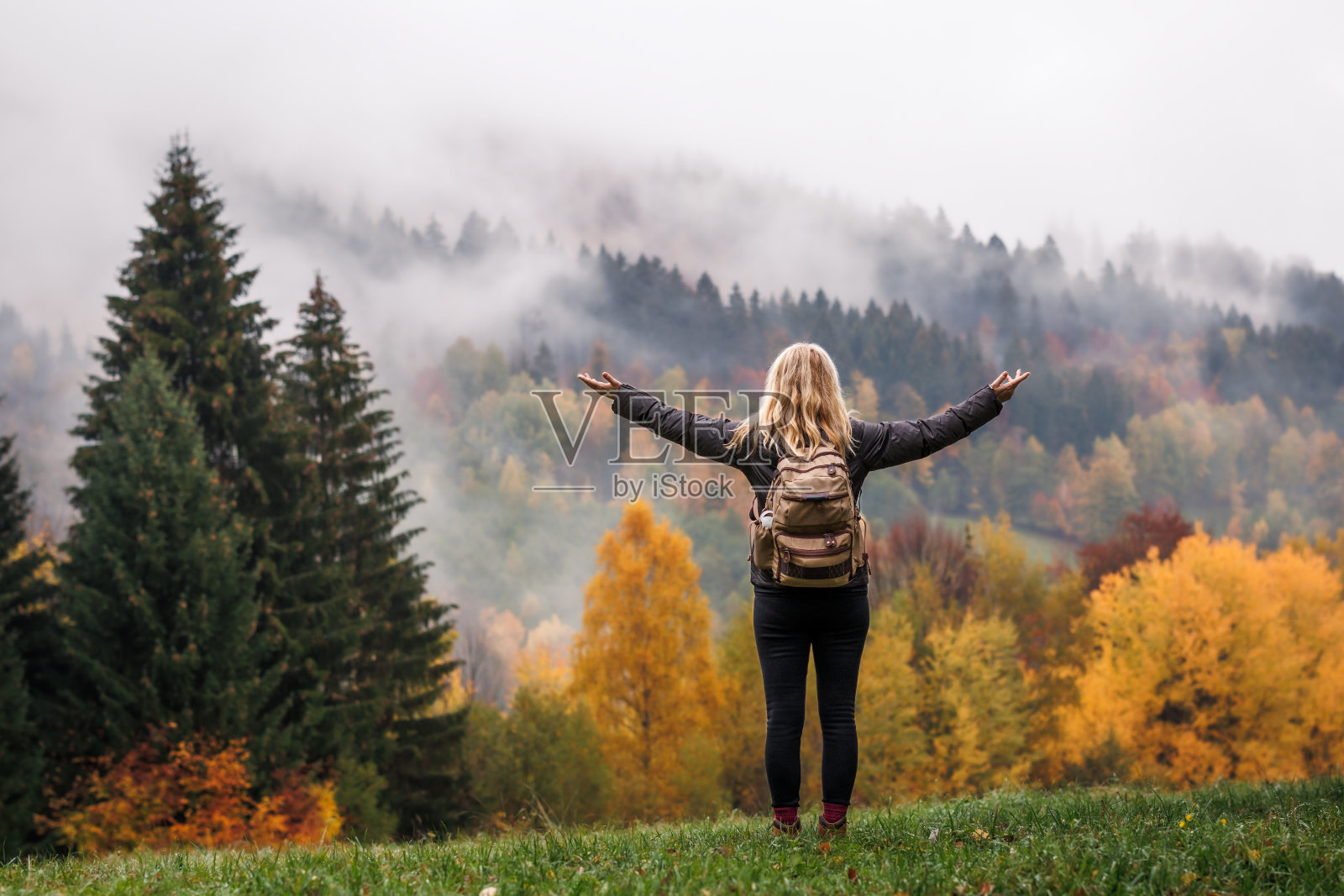 快乐的游客在森林里享受秋天照片摄影图片