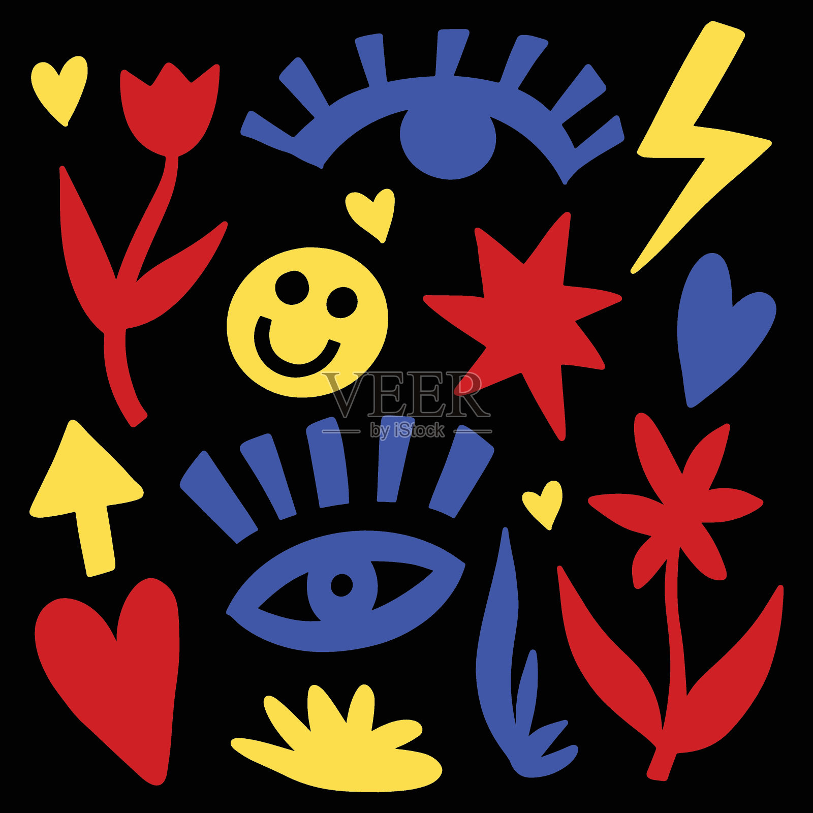 一套简单的手绘涂鸦剪纸元素-花,眼睛,星星,心,滑稽的脸,箭头。马蒂斯启发了复古的镂空符号和形状。矢量图插画图片素材