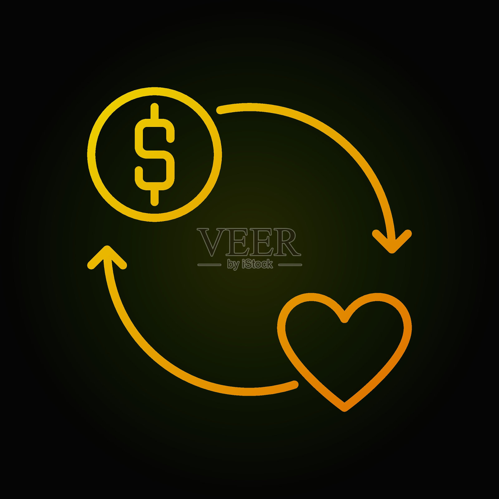 捐钱黄色矢量圆形轮廓图标或符号插画图片素材