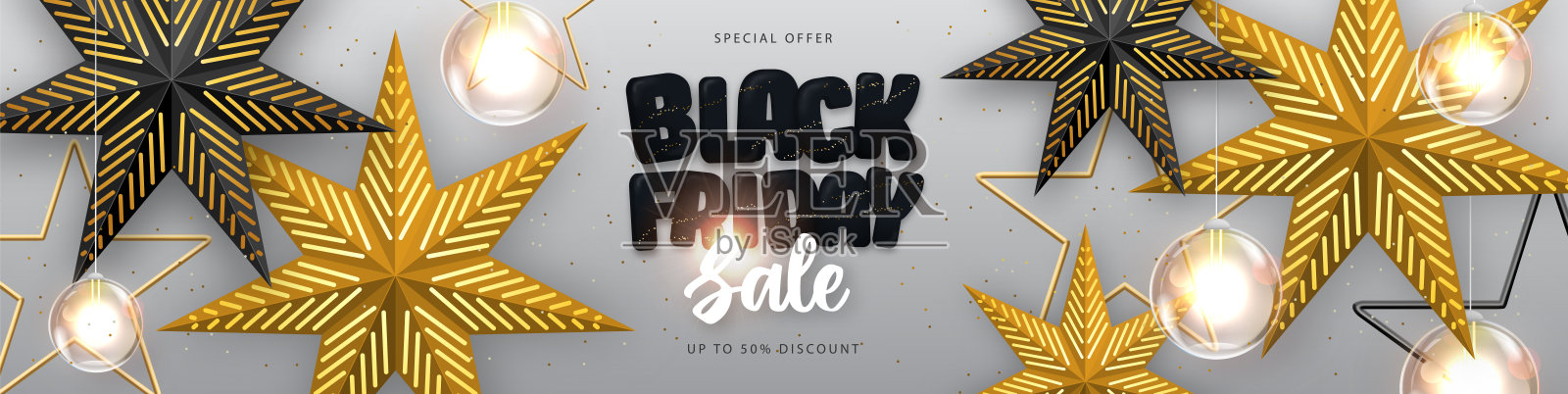 黑色星期五的促销海报,上面有黑色和金色的纸星星装饰和电灯。矢量图插画图片素材