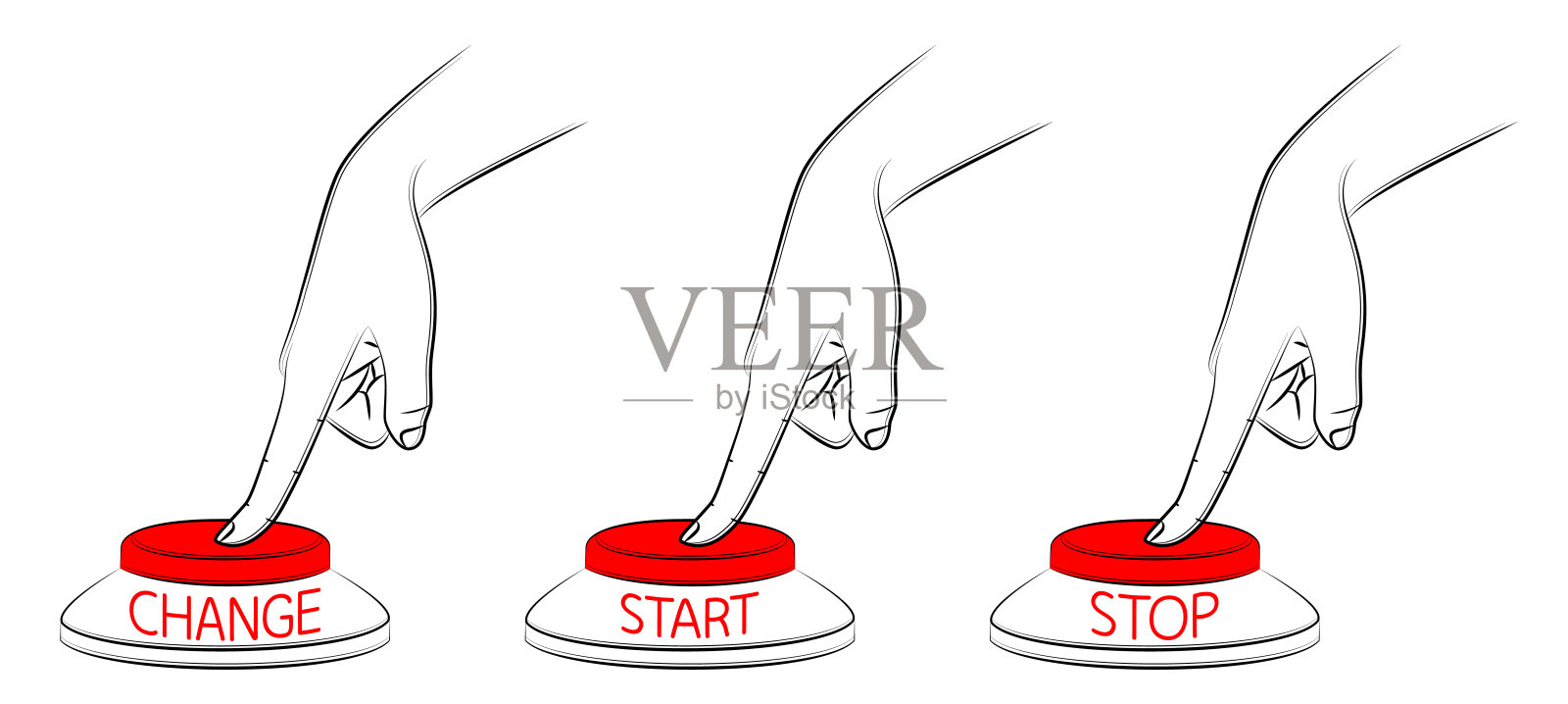 手指按下按钮与铭文停止,开始,改变。决策管理的概念。为生活的变化做好准备。开始新的生活。改掉坏习惯。草图,可编辑的直线轮廓图插画图片素材