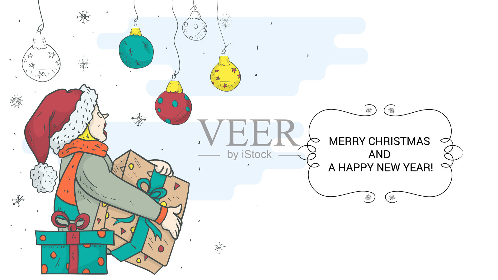 一个手里拿着礼物的男孩看着圣诞球插画图片素材