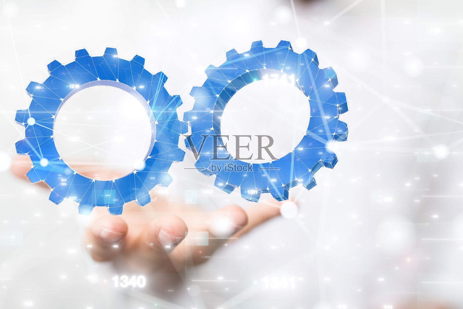 三维插图齿轮上的手-机制和策略概念照片摄影图片