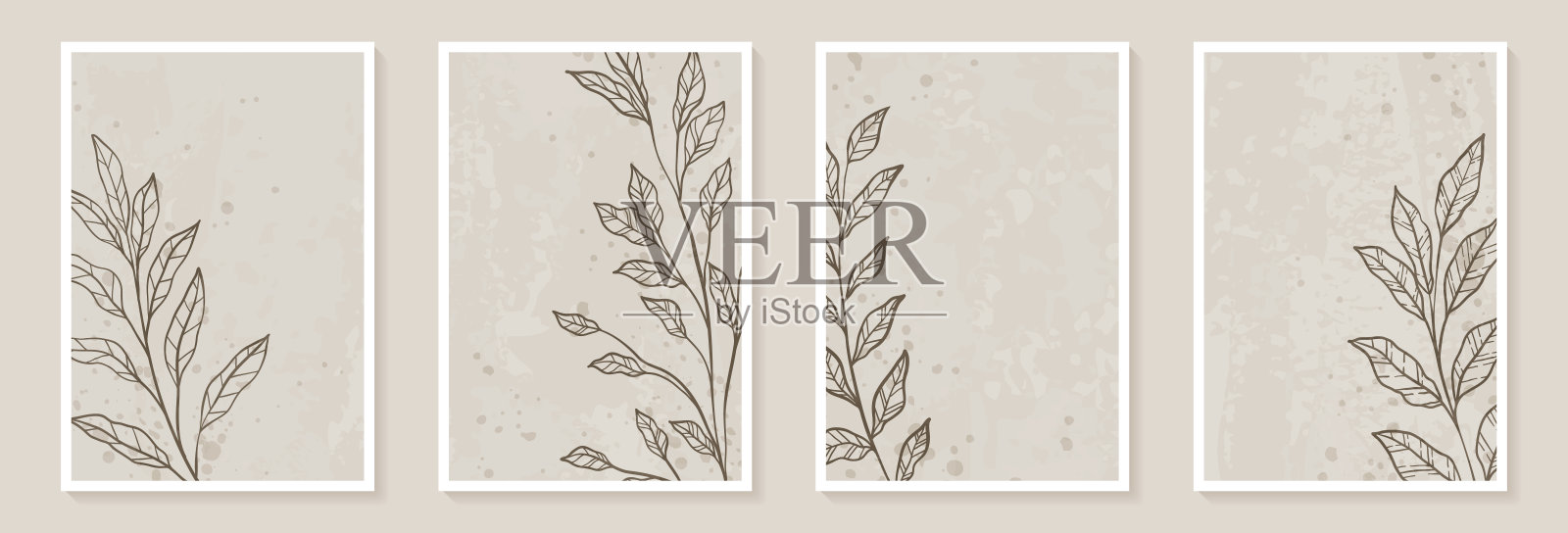 创意极简抽象艺术背景与树叶、树枝和手绘涂鸦花卉植物插画图片素材