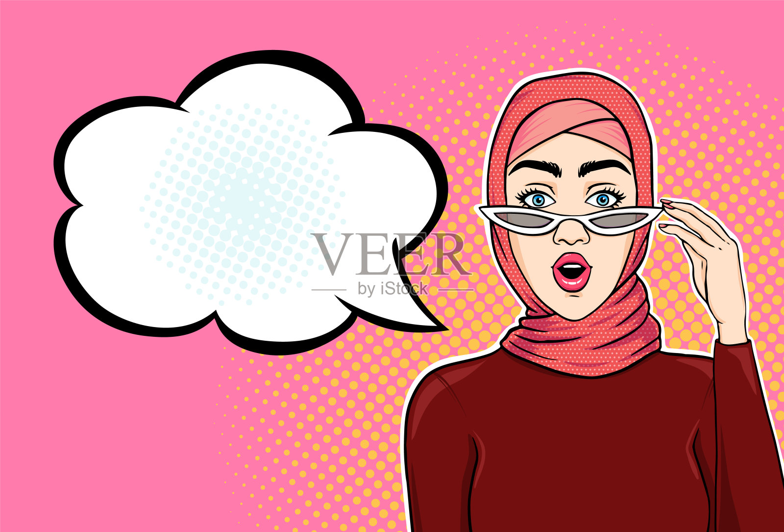 时髦的穆斯林妇女戴着头巾和太阳镜,震惊的脸张开嘴和文本云为您的信息,矢量插图在复古流行艺术漫画风格插画图片素材