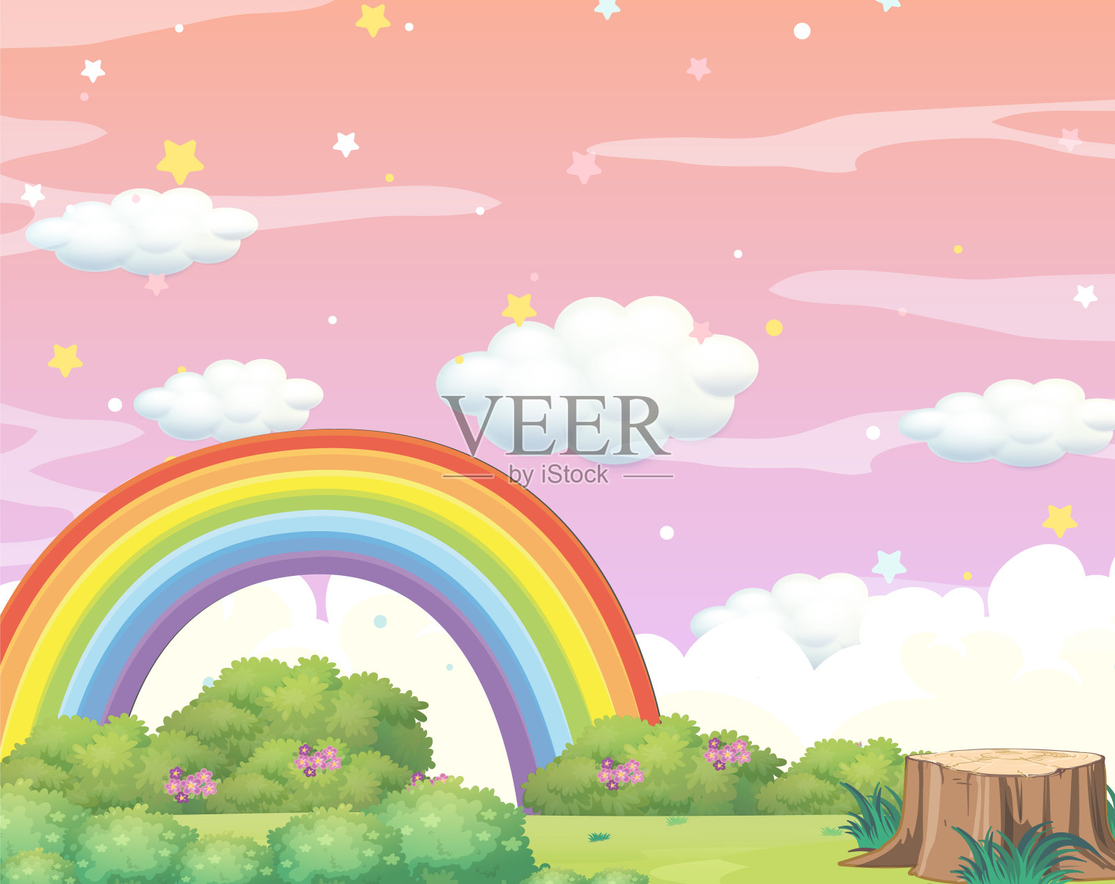 幻想粉色的天空和彩虹插画图片素材