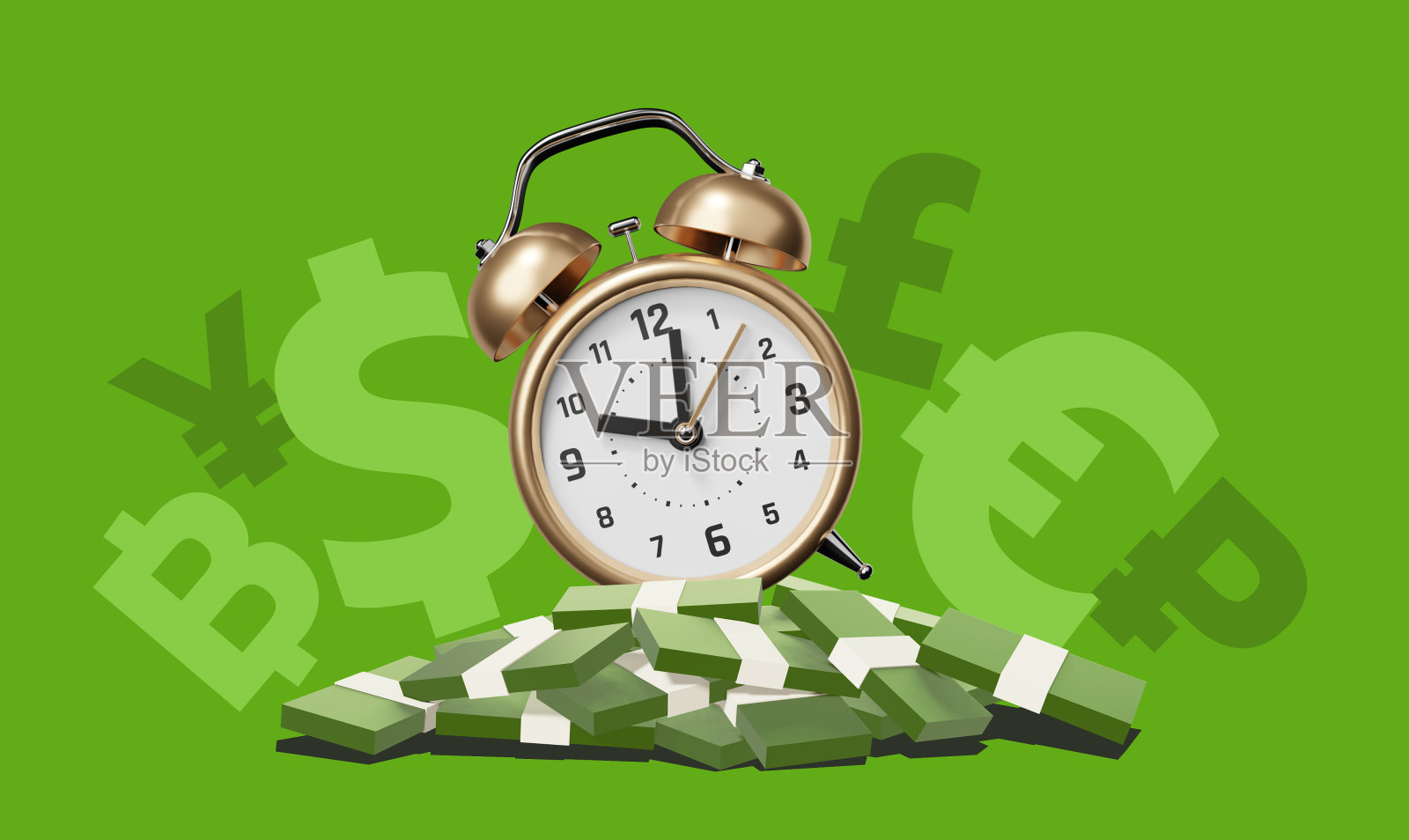 3d插图金色复古闹钟与箭头和纸钞票堆在绿色背景照片摄影图片