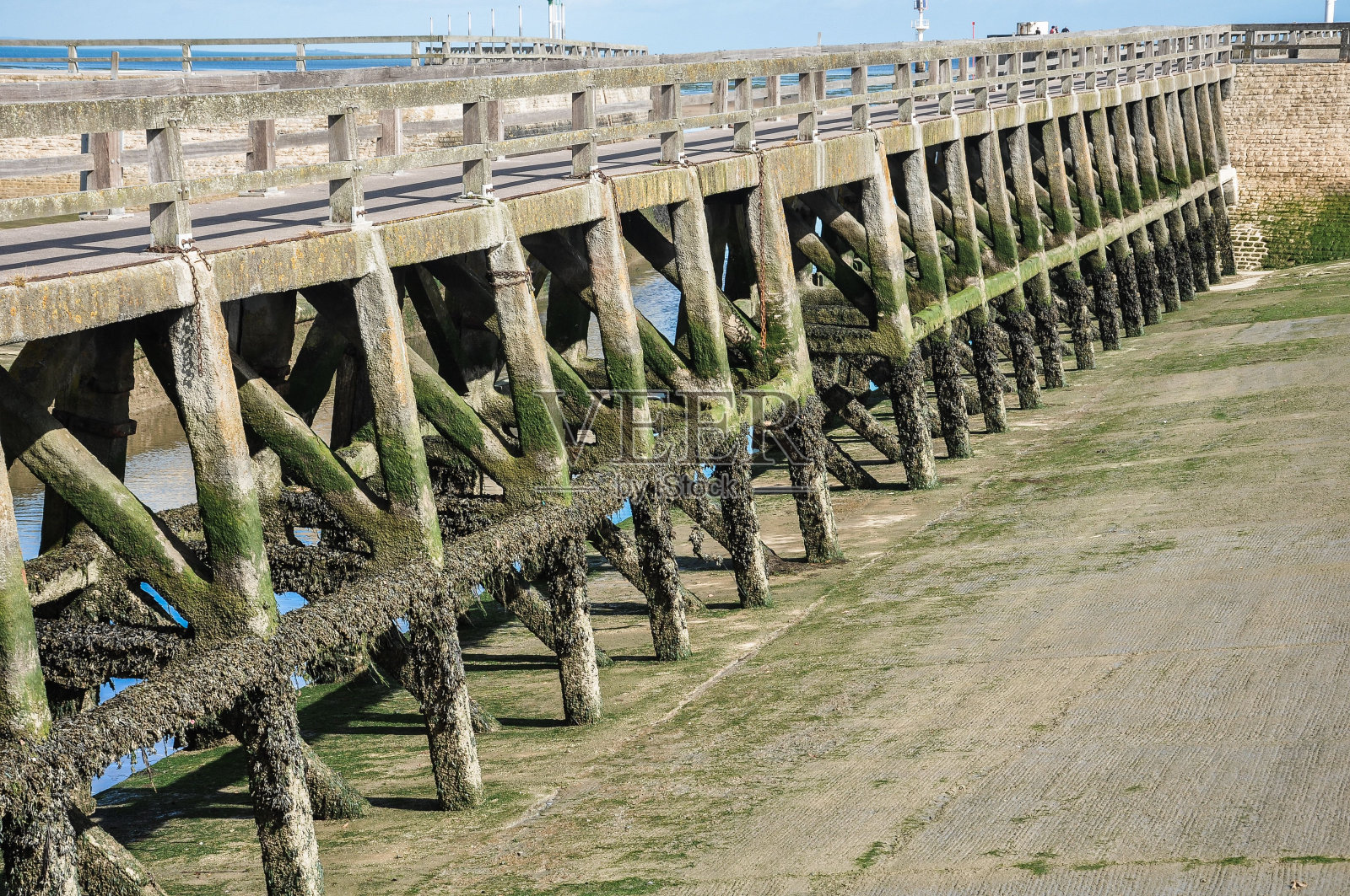 法国诺曼底的Grandcamp-Maisy,历史悠久的木桥上有长满青苔的杆子照片摄影图片