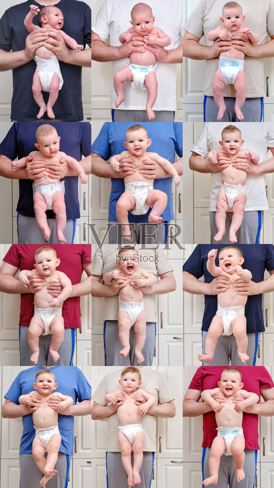 从一个新生儿到一个蹒跚学步的婴儿在一年内成长。一个父亲抱着一个一个月到一岁的小男孩照片摄影图片