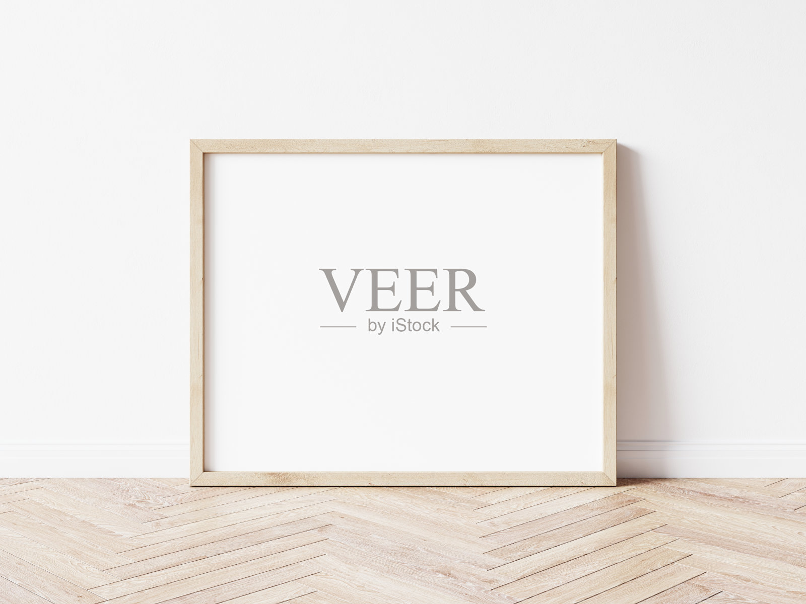 水平高的木框架模型。木框海报在木地板与白墙。景观框架3d插图。照片摄影图片