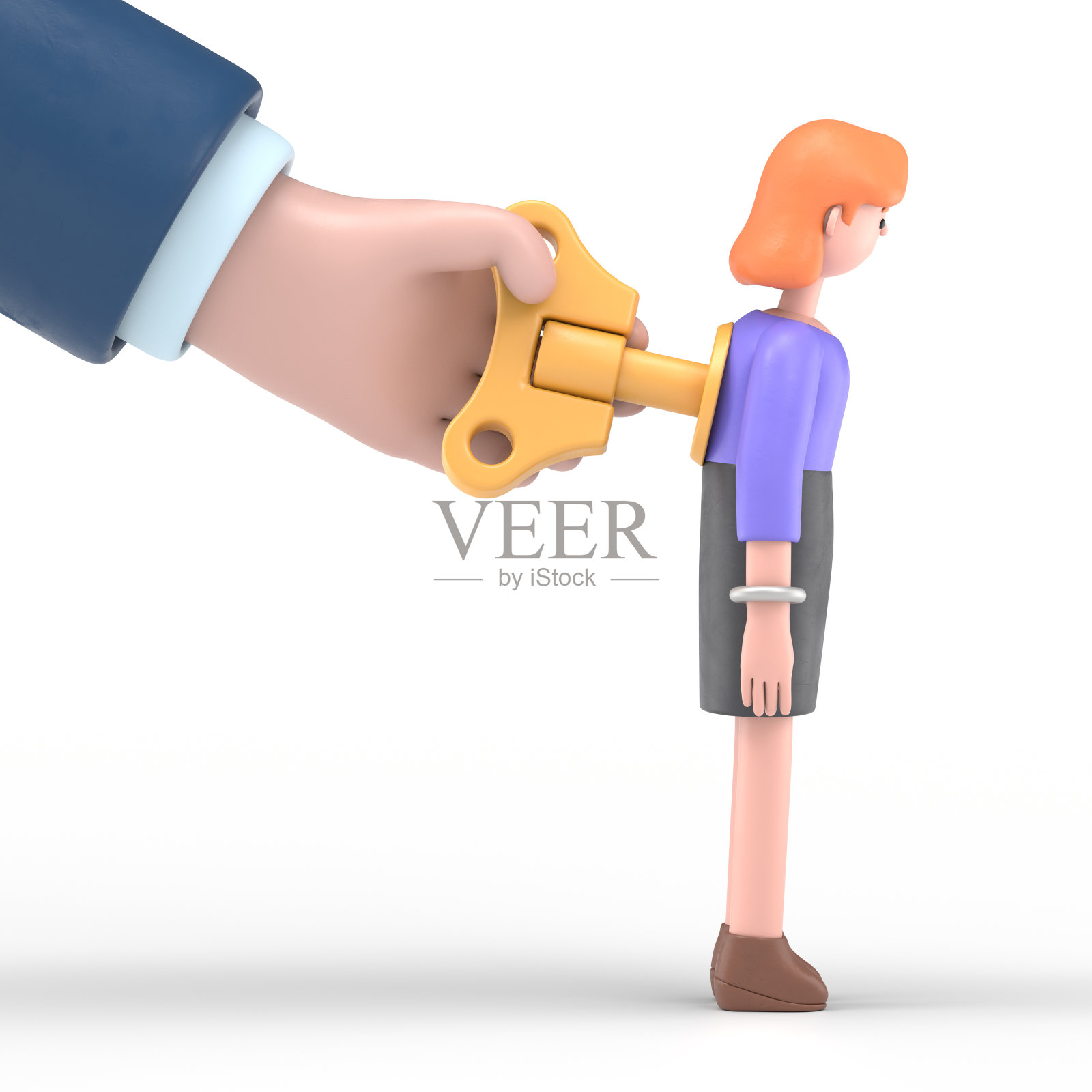 3d大手转动发条键上的3d插图微笑的欧洲女商人艾伦回来。白色背景的3D渲染。照片摄影图片