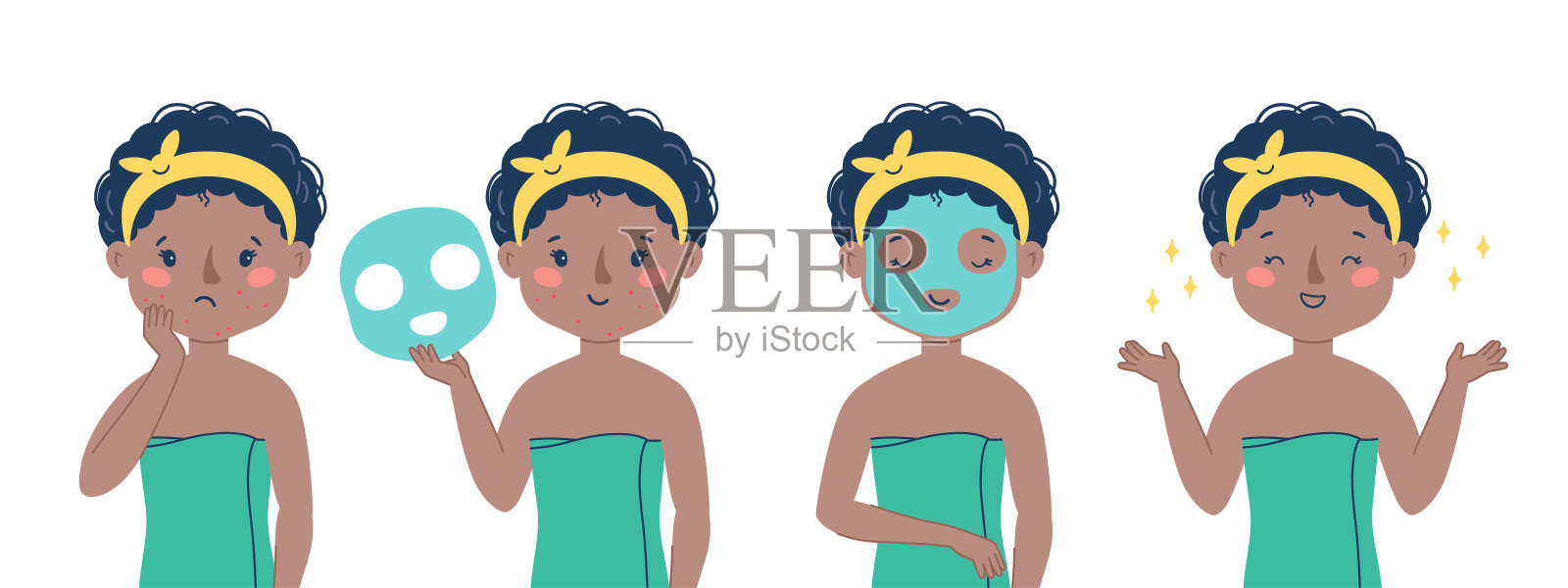 痘痘肌肤护理循序渐进。使用面膜。向量集。可爱的非洲女孩插图孤立的白色背景插画图片素材