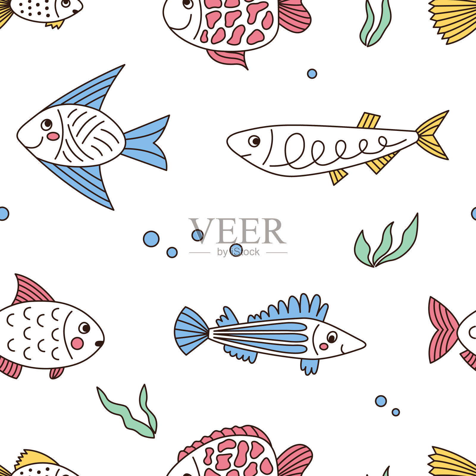 无缝模式与不同的有趣的鱼,海藻和泡沫在白色背景涂鸦风格。矢量图插画图片素材