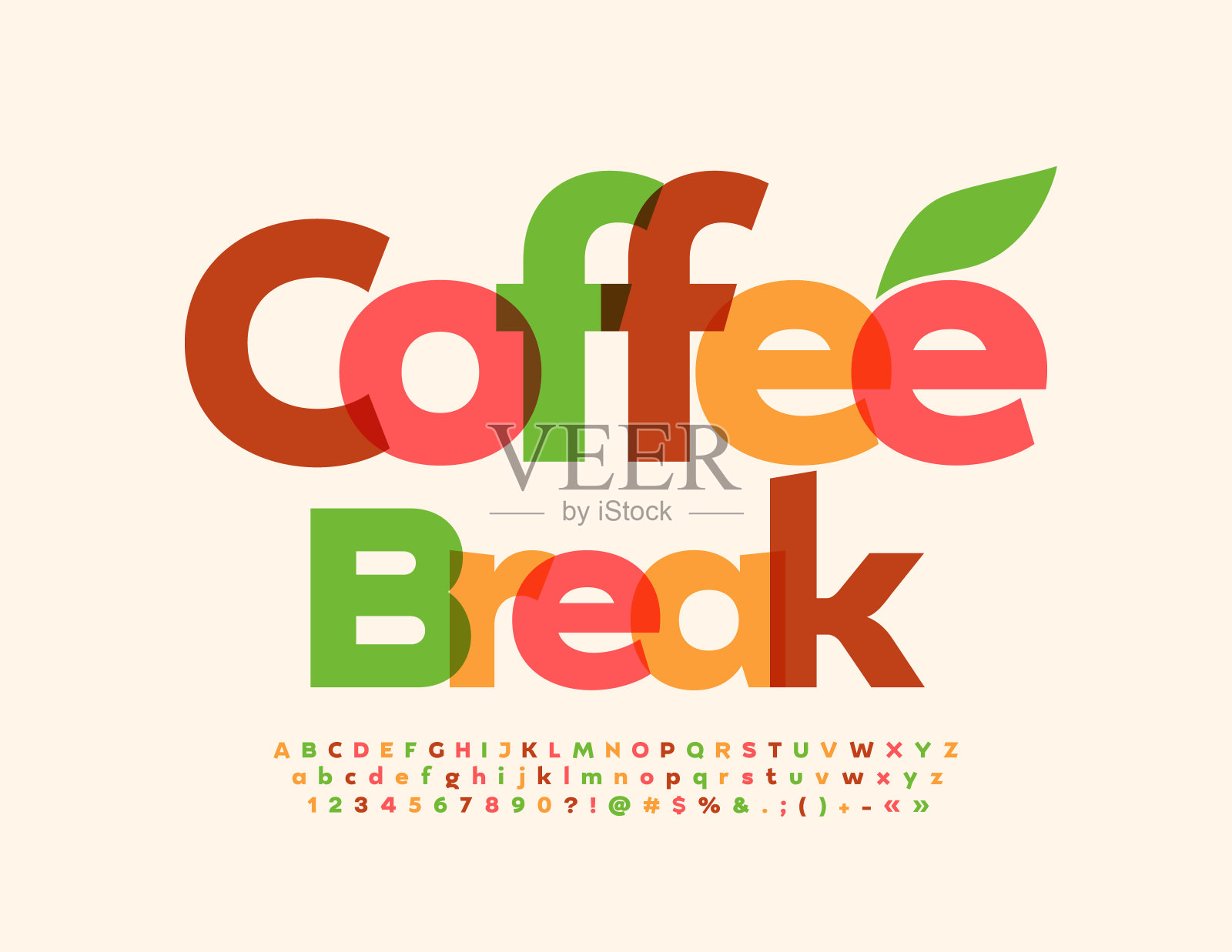 矢量彩色标志咖啡休息。明亮的字母,数字和符号集插画图片素材