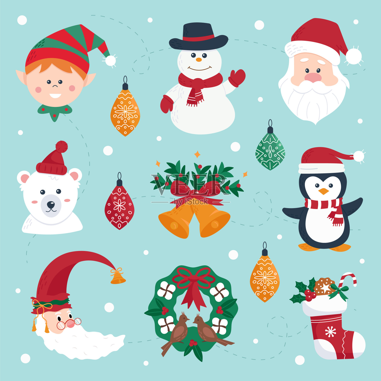 一套可爱的圣诞人物和装饰元素的图形和网页设计。矢量图插画图片素材