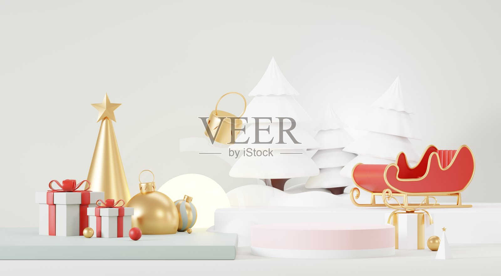 3d抽象讲台舞台平台与最小的圣诞和新年活动背景。欢乐的圣诞场景为产品展示或模拟横幅。圣诞冬季场景中的空看台基座装饰。照片摄影图片