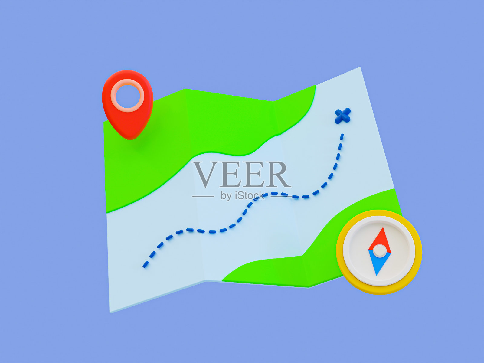 3d最小旅行地图图标。假期旅行。娱乐时间的概念。带有罗盘和位置图标的地图。3 d演示。照片摄影图片