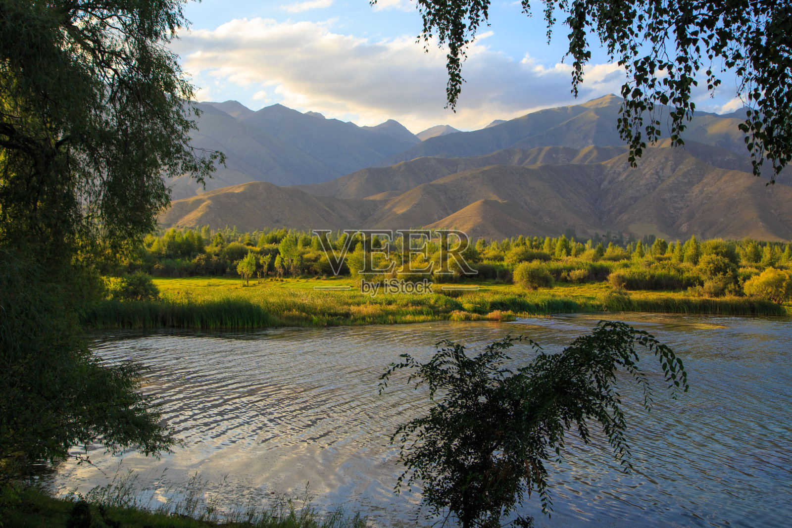 山上的湖。日落时分,绿意盎然的宁静海湾。休息的地方。吉尔吉斯斯坦,伊塞克-库尔湖照片摄影图片