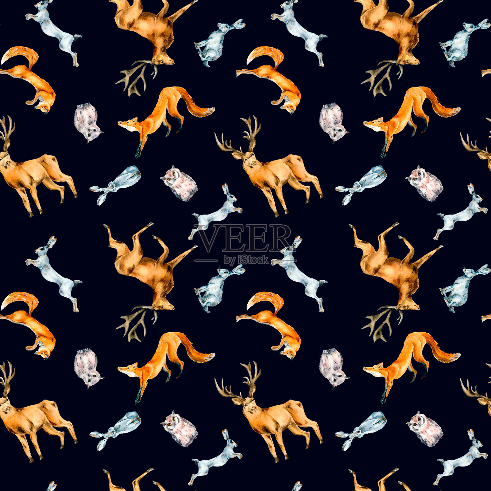 野生动物、野兔、狐狸、猫头鹰、鹿等水彩画图案无缝隔离在深色上。插画图片素材