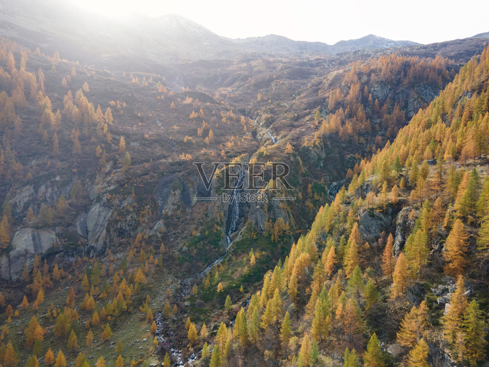 鸟瞰山上瀑布和秋色树叶的森林照片摄影图片