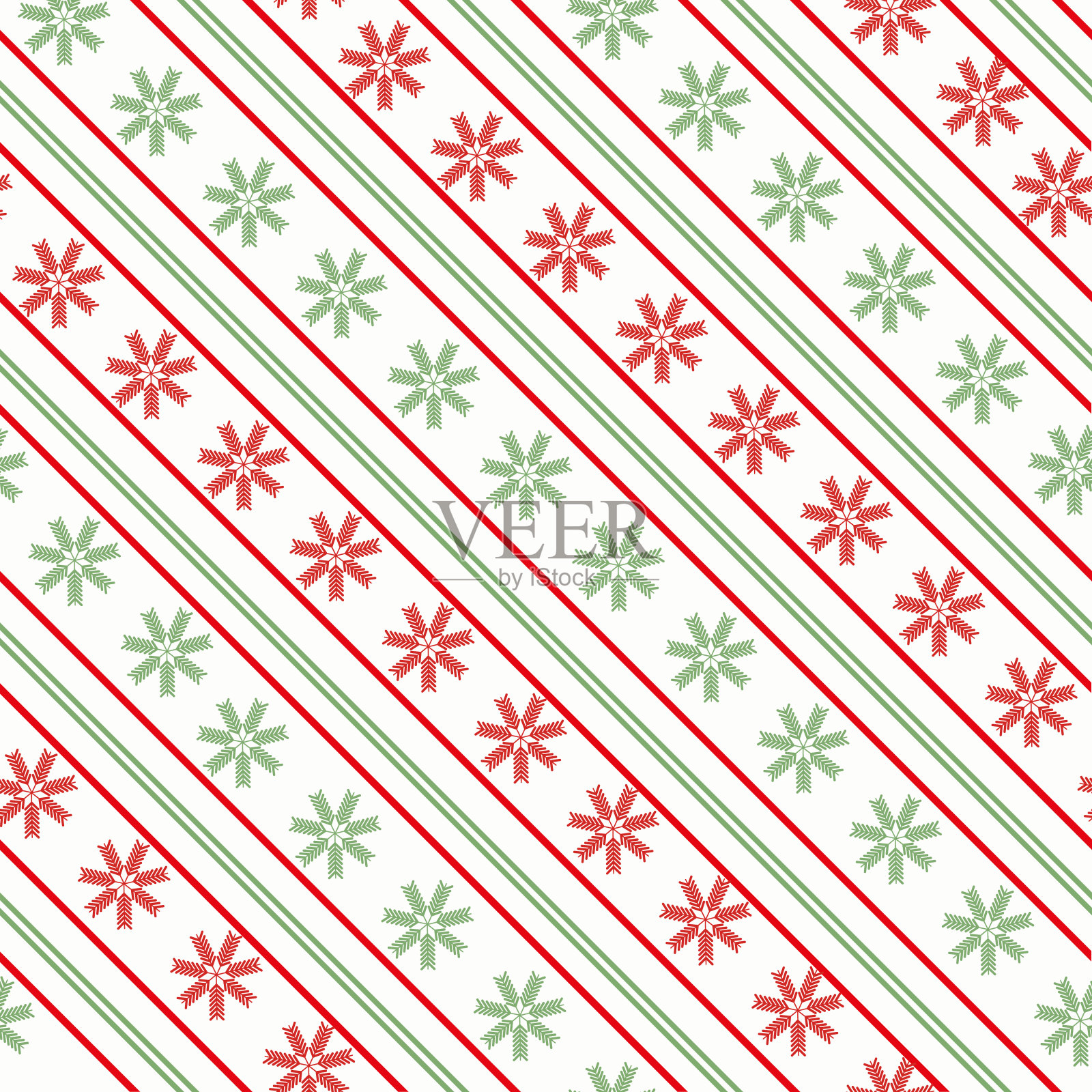 圣诞绿白红雪花条纹无缝矢量图案背景。雪花和对角线糖果拐杖条纹背景。传统的冬季节日设计为圣诞节,节日礼品包装插画图片素材