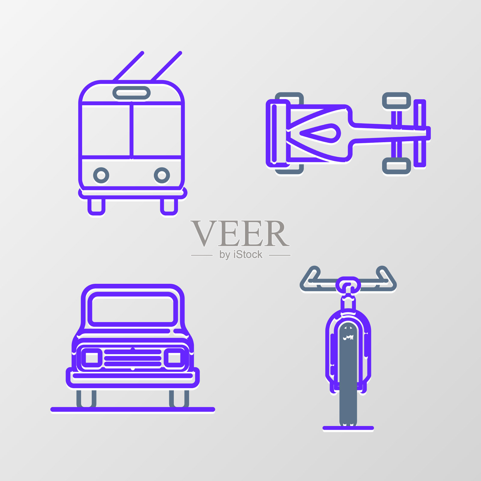 集直线自行车、汽车、方程式赛车和图标素材