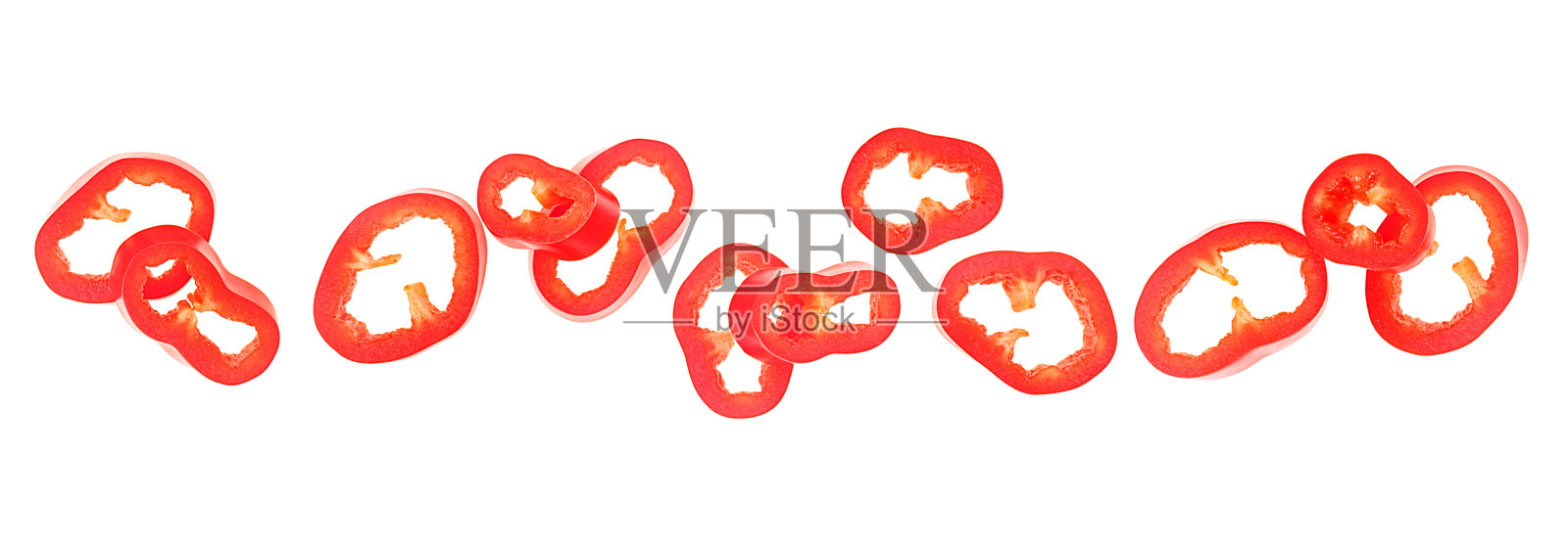 红色辣椒片孤立在白色背景,俯视图。生食的成分概念。照片摄影图片