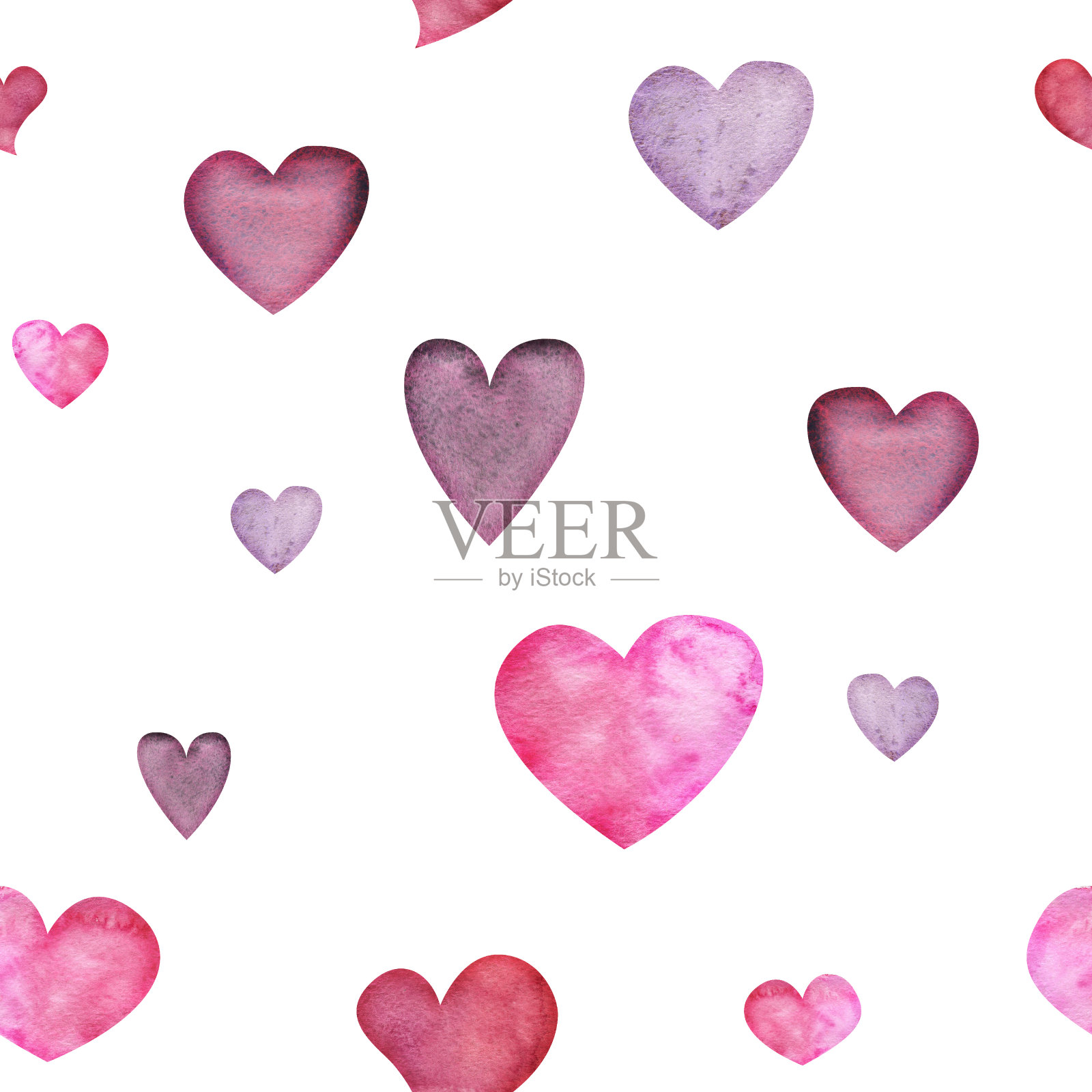 水彩手绘无缝图案的红色和紫色的心为情人节。孤立的白色背景。设计纸张,爱情,贺卡,纺织,印刷,墙纸,婚礼插画图片素材