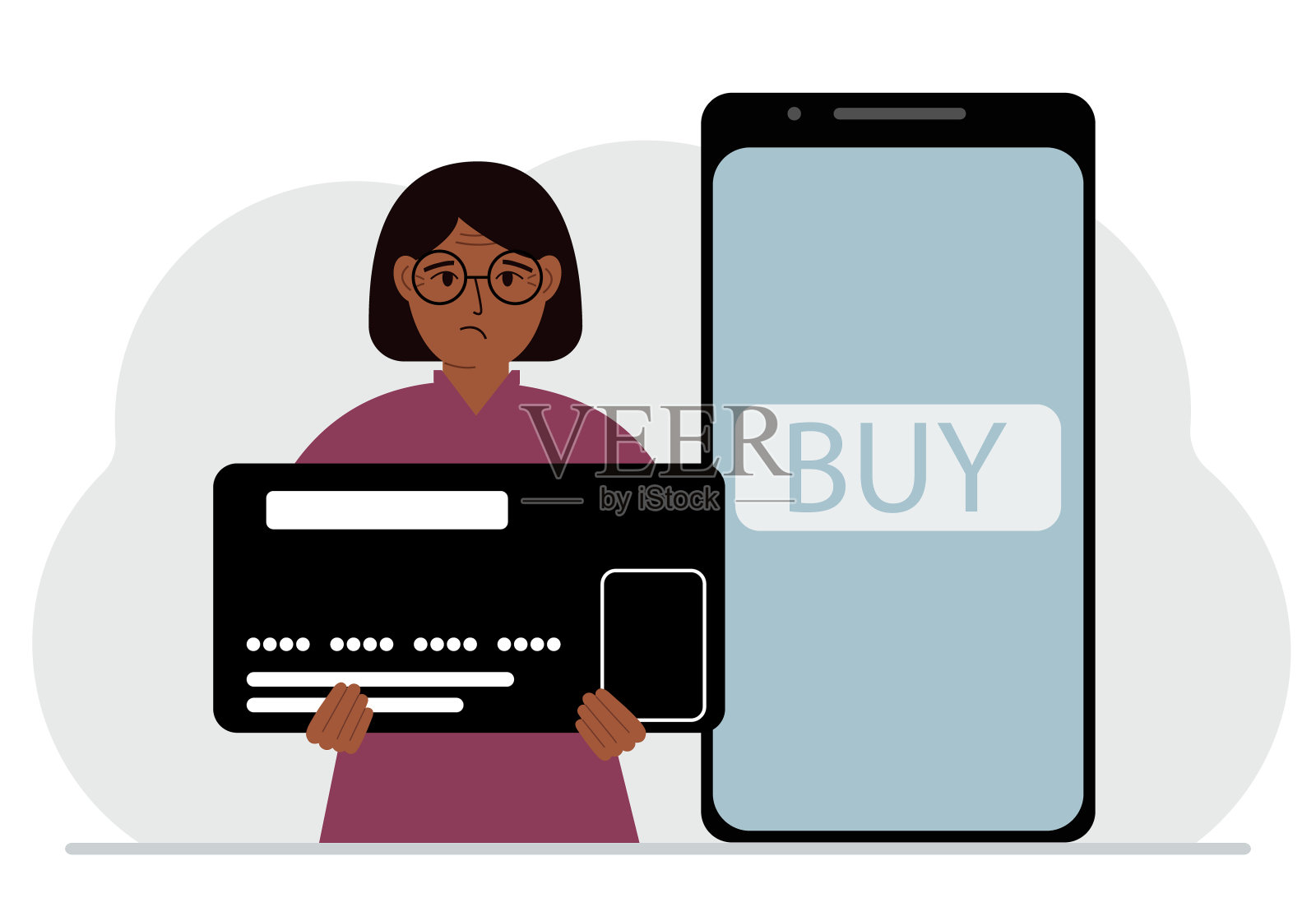 一名女子拿着一张巨大的信用卡,旁边的智能手机屏幕上有一个购买按钮。通过手机支付的在线支付的概念。插画图片素材