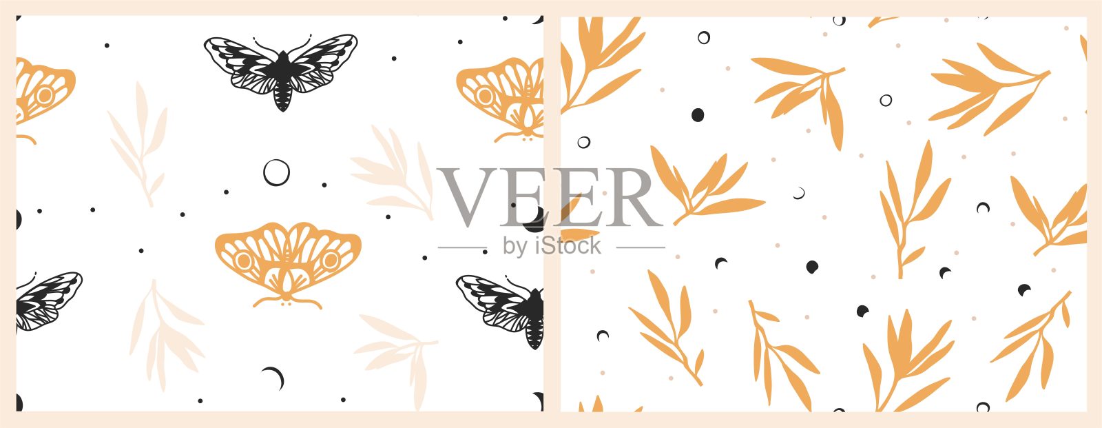 矢量抽象插图无缝模式设置与天体月相,新月,蝴蝶,星星,神秘和简单的星象形状。夜空图案概念设计。月亮和星星的矢量。插画图片素材