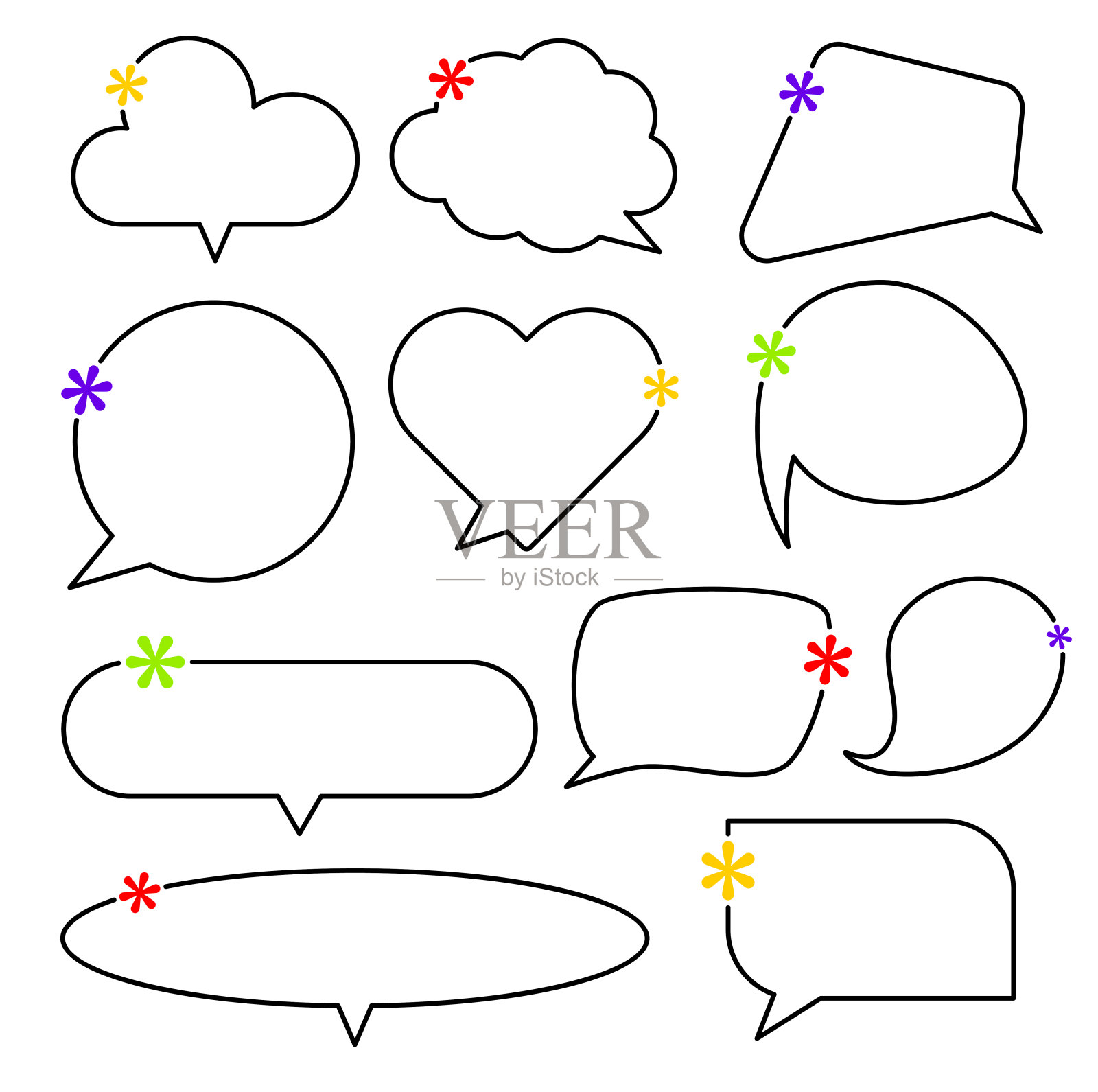 一组带有星号的黑色语音气泡轮廓。文本空间。插画图片素材