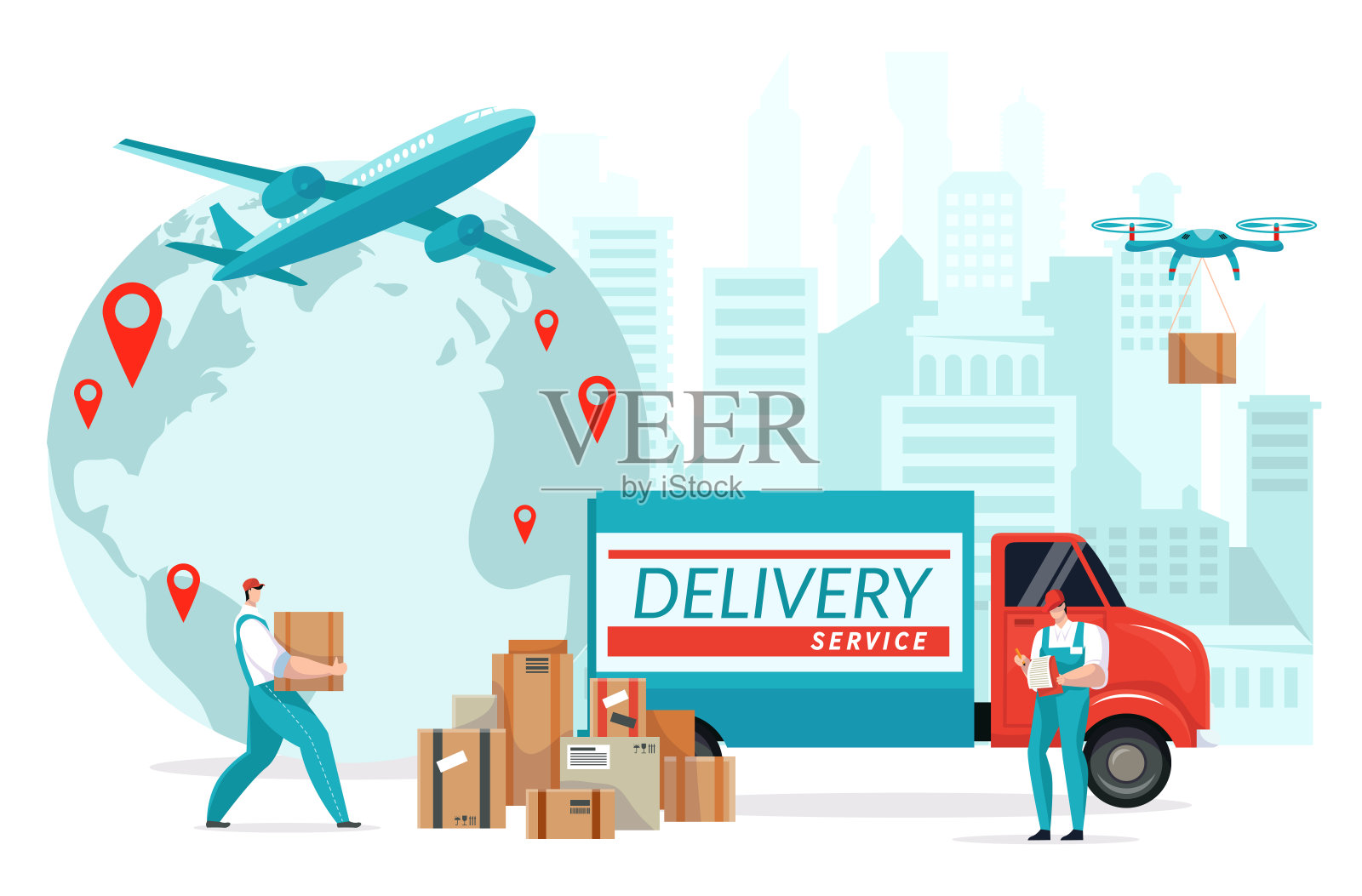 世界快递由邮差服务,男装载机搬运纸箱货物,搬迁业务平面矢量插图,白色隔离。插画图片素材