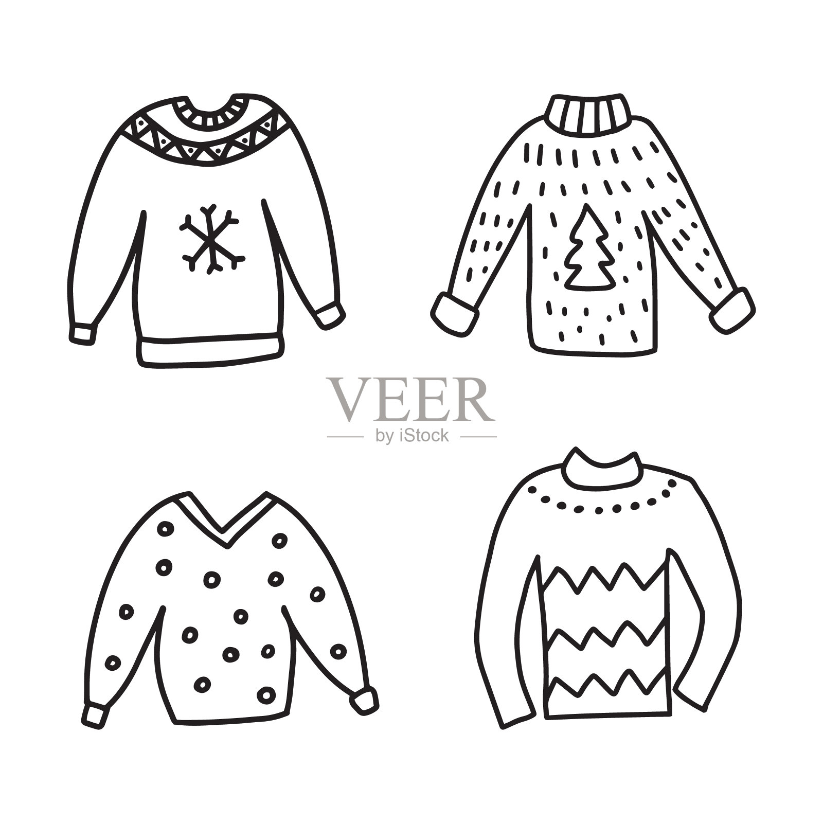 手绘涂鸦风格矢量插图集丑陋的圣诞毛衣。孤立的白色背景。插画图片素材