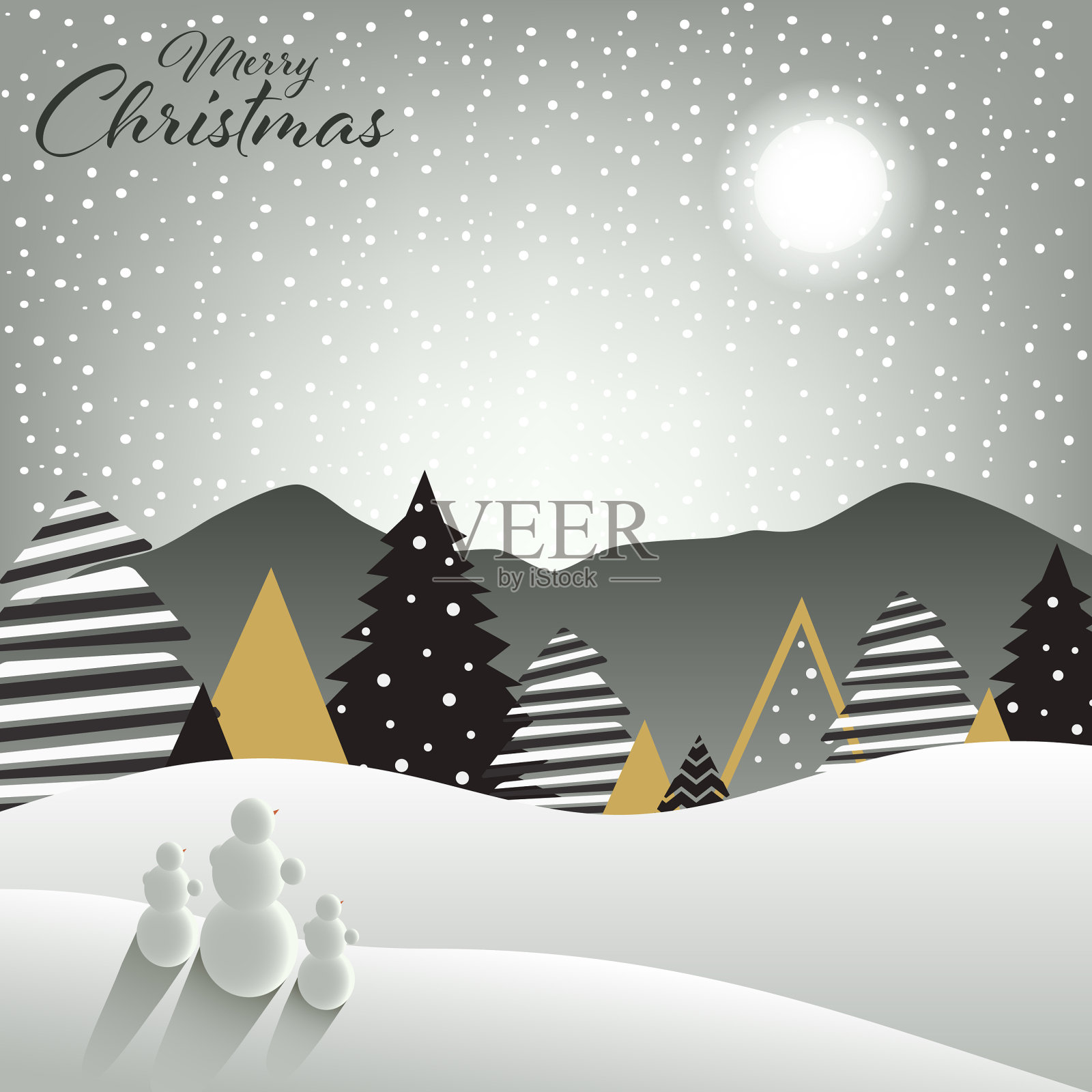 有雪景和雪人的圣诞卡插画图片素材