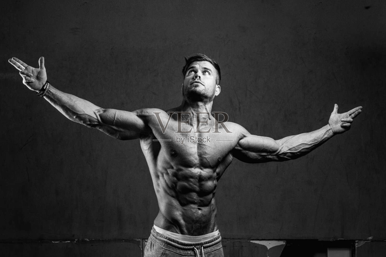 一个英俊的运动肌肉奥地利人在一个黑暗的健身房摆姿势的灰度镜头照片摄影图片