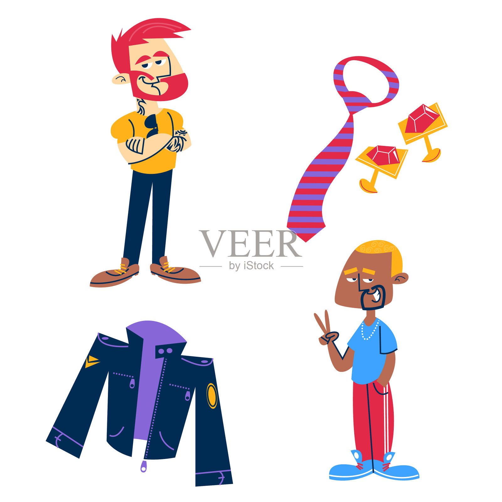 复古卡通男士时尚贴纸套装插画图片素材