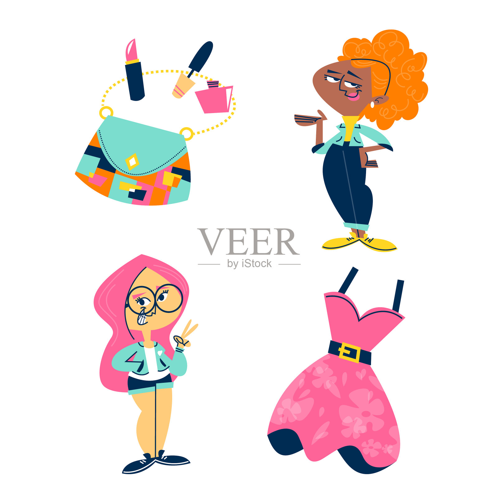 复古卡通女性时尚贴纸套装插画图片素材