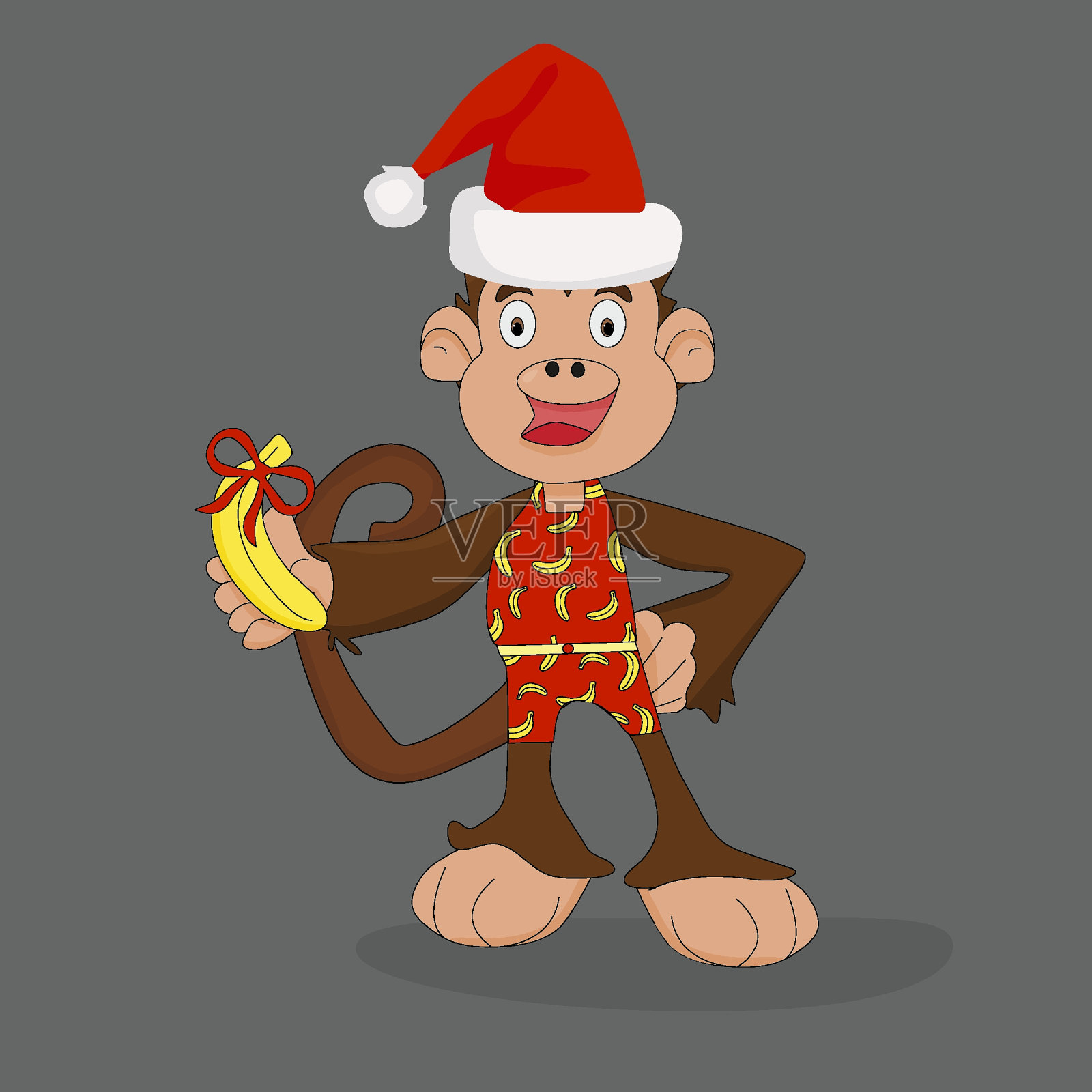 灰色背景的香蕉圣诞猴子插画图片素材