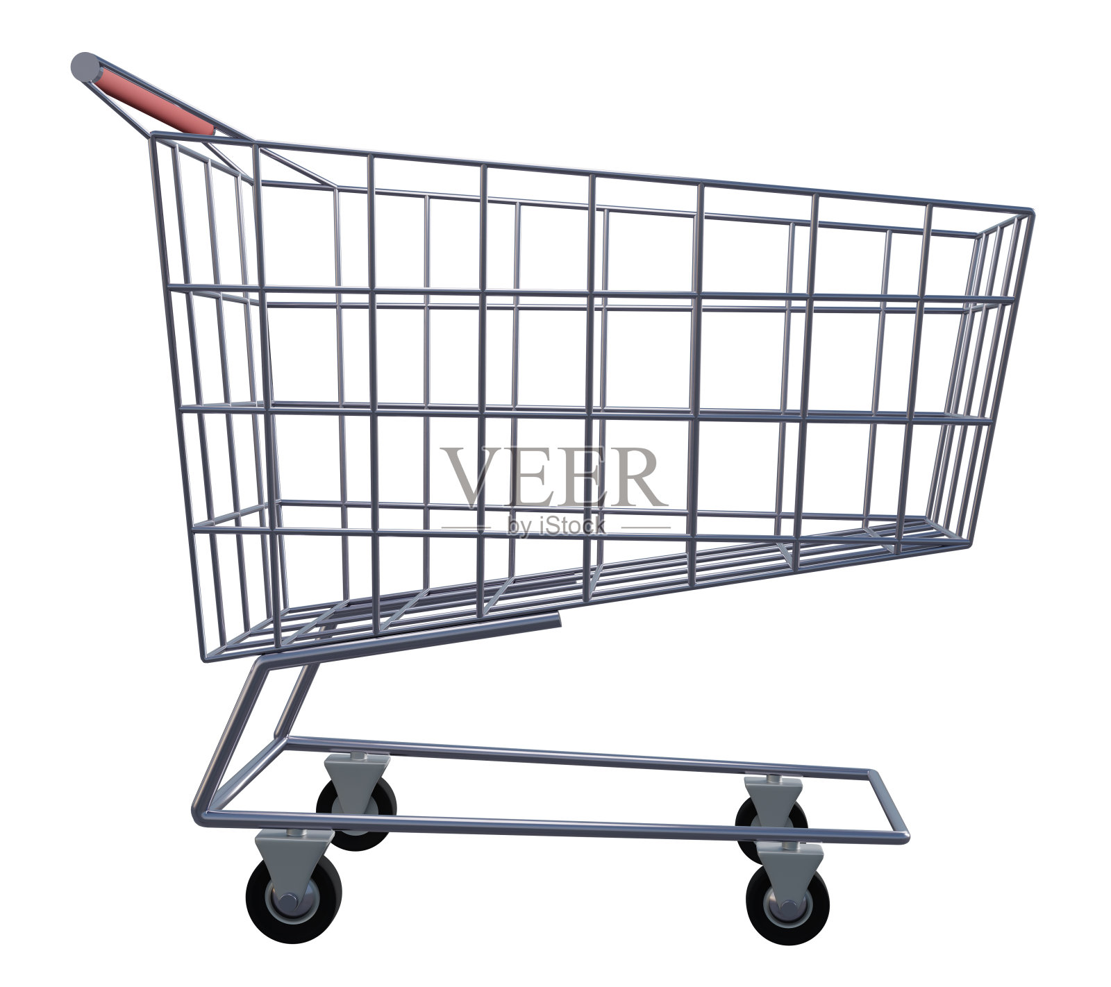孤立背景下的空购物车,3d渲染。钢铁超市轮篮的模型设计,3d插图照片摄影图片