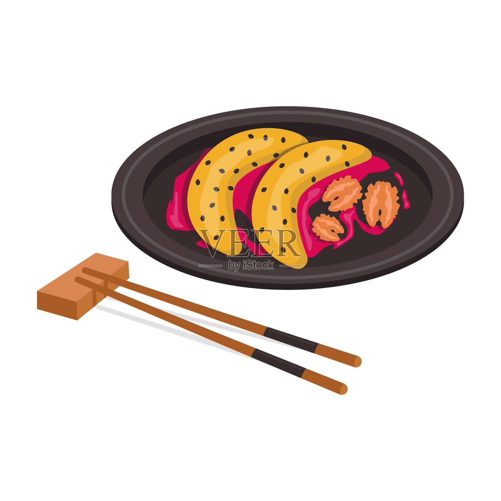 越南国菜。Banh chui chien。烤,烤香蕉面糊,黑芝麻,核桃和酱汁。插画图片素材