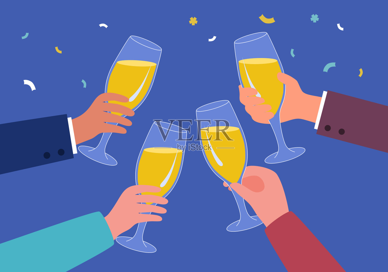人们用酒杯举杯庆祝扁平的设计。香槟干杯。插画图片素材