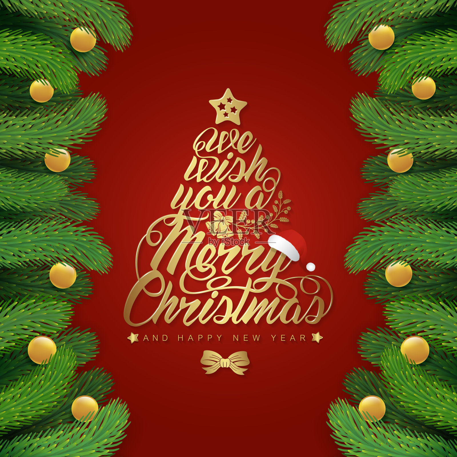 圣诞快乐和新年快乐字体,圣诞老人帽子,圣诞树,闪光球,悬挂的星星,丝带和雪装饰传单,海报,网络,横幅,和卡片矢量插图设计模板素材