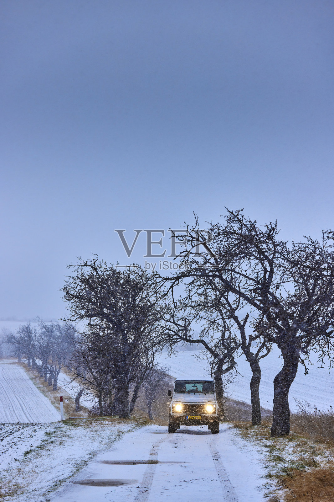 在哈兹地区的布罗肯山,有一辆路虎卫士的林荫道。照片摄影图片