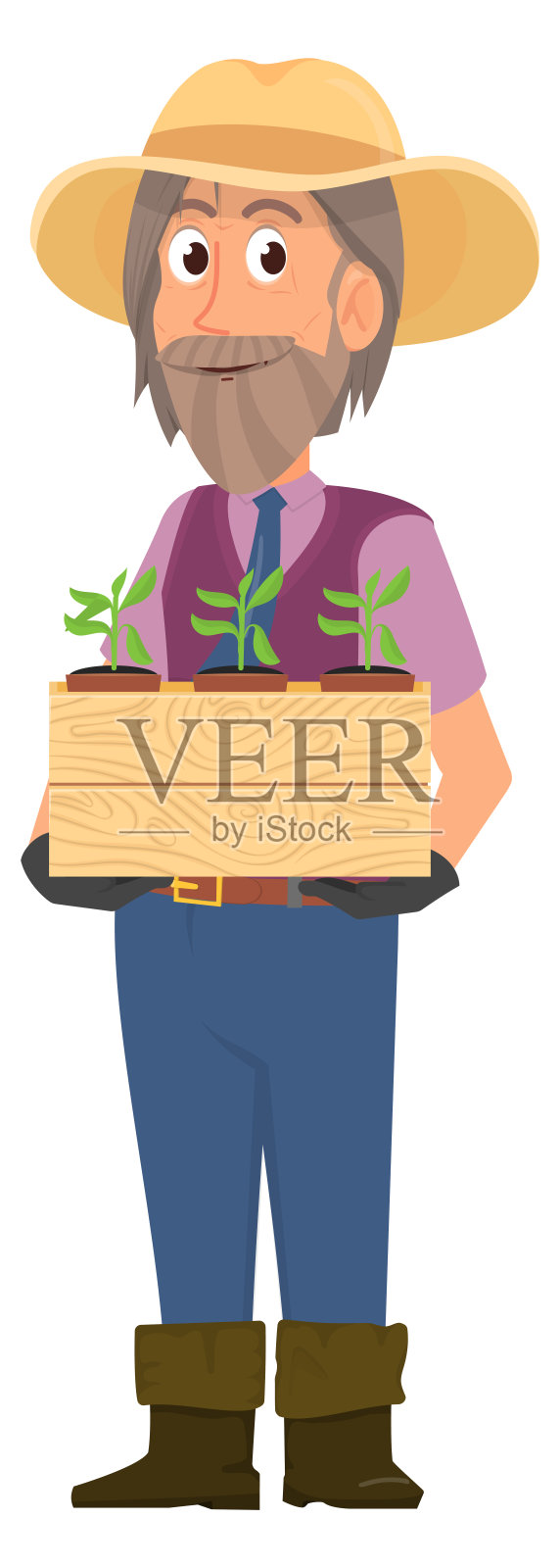农民带着苗木盒子。农业工人性格插画图片素材