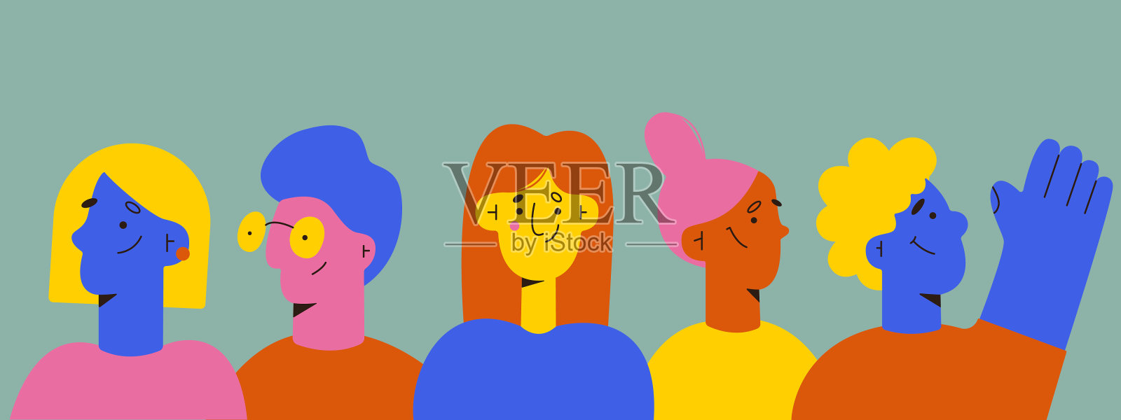 一群抽象的人。不同种族的不同年轻快乐的男人和女人的肖像。平。矢量平面插画图片素材