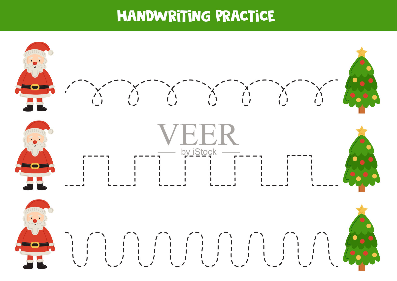 给孩子画线条。可爱的圣诞老人和圣诞树。写作练习。设计元素图片
